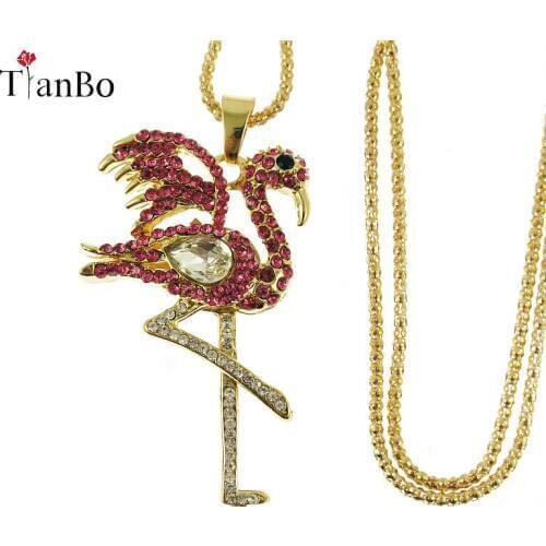 Rose Gold Red Crystal Flamingo Pendant Necklaces FMG Long Chains Sweater Necklace For Women Fashion Animal Jewelry Dropshipping