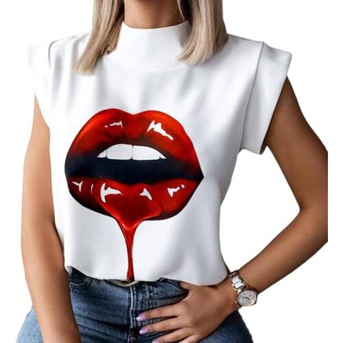 2020 New Women Short Sleeve Stand Collar Print Top Summer Fashion Tops for Shopping Daily Wear