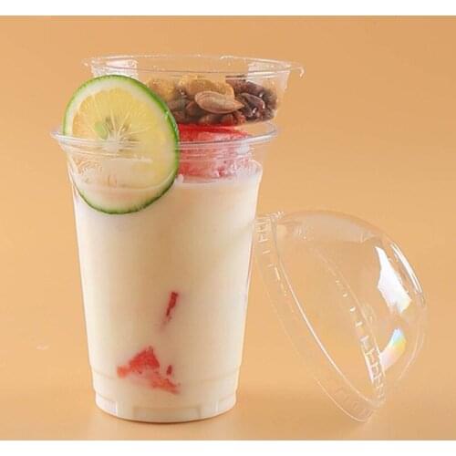 50pcs 9cm caliber PET transparent creative disposable yogurt cups 12oz/15oz juice milk tea fruit soy plastic cups with lid
