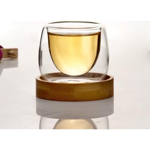 6 Pcs Bodum Double Wall Cups Design Shot Teacups With Bamboo Saucers Set Anti-hot Tasse Cafe Coffee Oolong Pu'er Scented Tea Cup