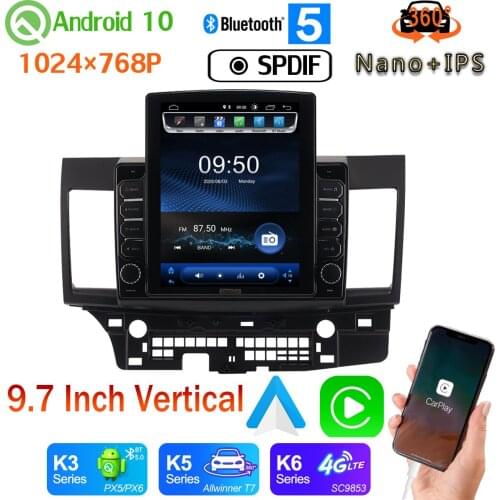 9.7" Vertical Tesla Android 10.0 Car Media Radio GPS PX6 4+64G For Mitsubishi EVO Lancer 10 2010-2016 360 Android auto Head Unit