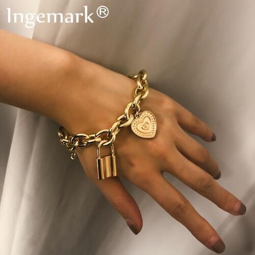 Ingemark Punk Lovers Lock Pendant Bracelets Bangles Fashion Alloy Carved Lover Heart Thick Chain Bracelet Couple Jewelry 2019