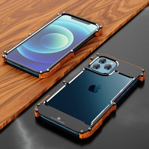 For iPhone 12 Pro Max 12 Mini 11 Pro S 2020 X 6 6s 7 8 Plus XR XS Case Aluminum Bumper Metal & Wood Shockproof Back Phone Case