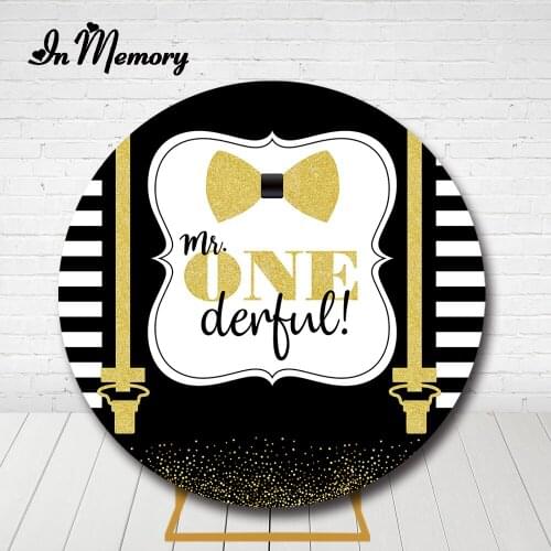 InMemory Black White Gold Bow Tie Round Backdrop Cover Boys Newborn Baby Shower 1st Birthday Party Circle Background Elastic