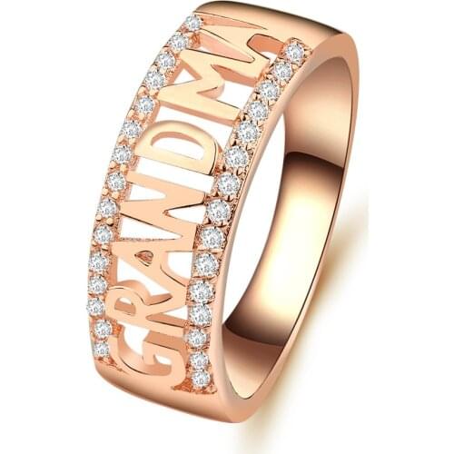 Grandma Hollow Design Rose Gold Color Ring For Grandma Birthday Gift Family Memory Jewelry Crystal Setting Ring For Old Woman