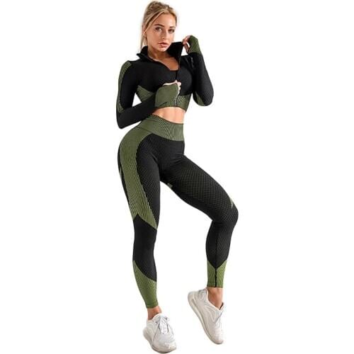 NORMOV Seamless Women Sets High Stretchy Zipper Long Sleeve Fitness Two Piece Set Female High Waist Push Up Workout Suit Woman