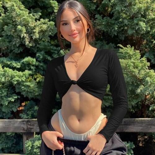 Womens Knot Front Crop Short Top, Sexy Deep V Neck Long Sleeve Basic T-Shirt Casual Skinny Blouse