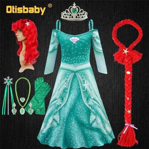 Halloween Girls Fantasia Ariel Princess Dress Little Mermaid Costume with Wig Accessories Christmas Fancy Girl Party Prom Dress