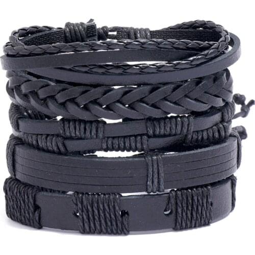 Punk Hippie Fashion Multilayer Black Leather Bracelet Set Vintage Retro Handmade Charm Wristband Bangle Casual Women Men Jewelry
