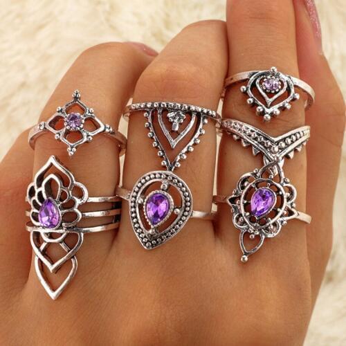 Elegant 7pcs/set Amythest Crystals Princess Finger Joint Rings Set Pack for Girls