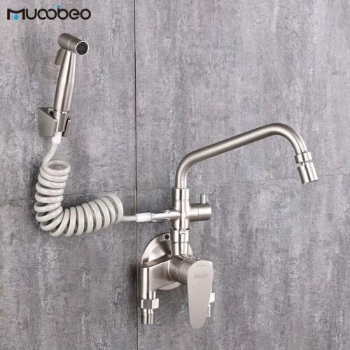 Wall Mounted Kitchen Sink Faucet Hot Cold Water Tap Stainless Steel Mixer Tap With Sprayer Gun