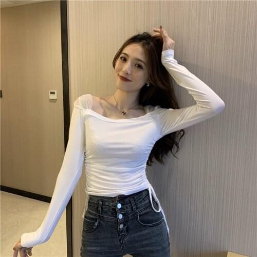 Fall 2021 new strapless net yarn slim slimming hedging square neck drawstring long-sleeved blouse women