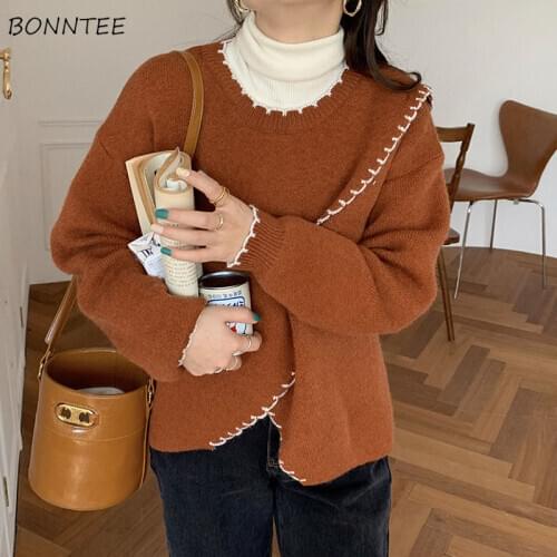 Pullovers Women O-neck Long Sleeve Patchwork Knitting Sweaters Simple Elegant Design Korean Style All-match New Loose Slit Tops