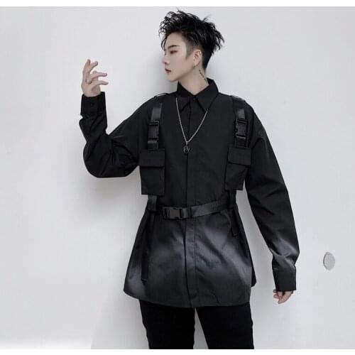 Techwear Detachable Ribbons Buckle Long Sleeve Shirt Mens Harajuku Punk Street Wear Black White Casual Shirts Chemise Homme