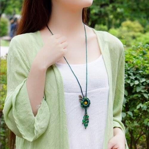 Antique Copper Leaf Green Agated Beads Pendant Handmade Weave Rope Chain Necklace for Women Jewelry