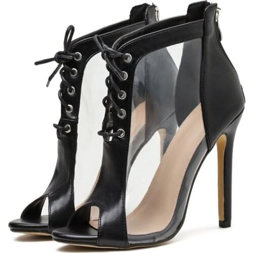 Practice Women Sexy Clear PVC Sandals Peep-toe Pumps Latin Salsa Sandals Dance Boots Black High Heel Club Party Dancing Shoes