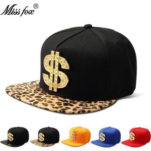 Missfox Hip Hop Us Dollars Men Hat Gold $ Letter Hats Caps Men Flat Brim Leopard Print Cool Hipster Hip Hop Caps