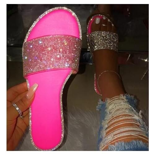 Flip flop new fashion women slippers popular bright color rhinestones sparkling flat sandals beach ladies slippers Beach shoes