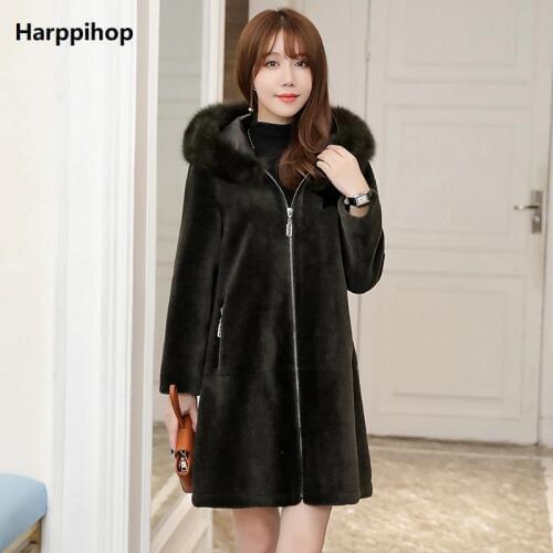 2017 new Sheepskin Fur coat long style overcoat Korean fashion real fox fur collar with hood warm winter lady coat Harppihop