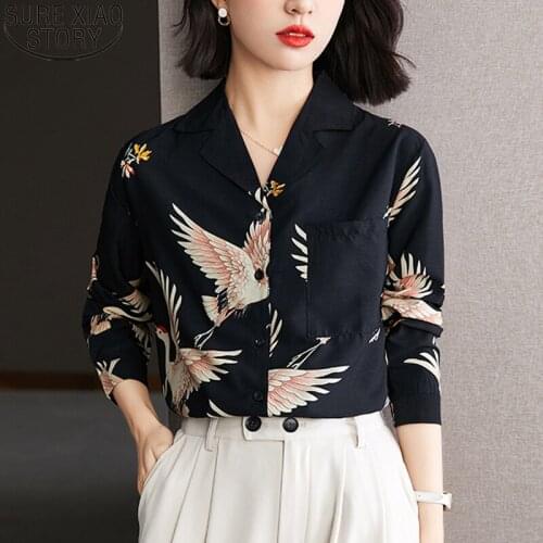 Women Casual Shirt Tops 2021 New Vintage Print Blouse Elegant Long Sleeve Ladies Cotton Clothes Autumn Chemisier Femme 16207