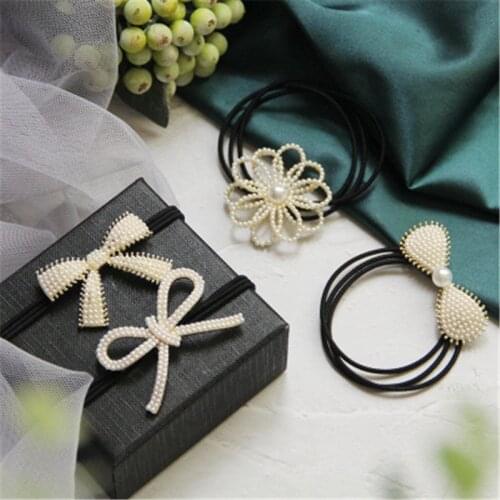 Women Hair Tie Elastic Rubber Band Girl Pearl Rhinestone Flower Bow Knot Korean Scrunchies Head Accessories Handmade Wholesale