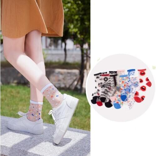 Spring Summer Ultra-thin Glass filament Socks Woman Printing Dots Korean Style Silk Socks Cute Stripe Transparent Socks