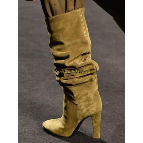 Suede Slouchy Winter Women Boots Square Heel Sexy Pointed Toe Slip On Dress Women Boots Solid High Heel Round Toe Dress Boots