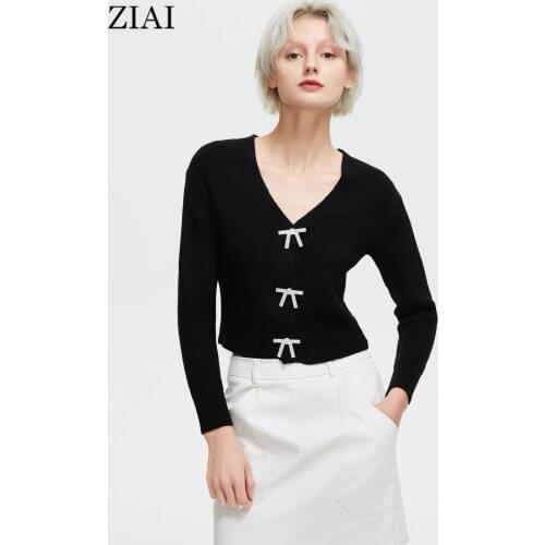 ZIAI 2021 Women Cardigan Korean Style Short Knitted Sweater Long Sleeve V-neck Bow Kawaii Top Female Autumn Winter Sweter ZMY003