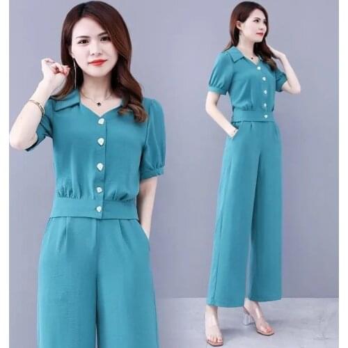Womens Popular Suit 2021 Summer New Fashion Foreign Goddess Casual Crop Top Wide Leg Pants Two Piece Set Women V-Neck Blouses