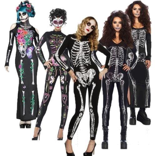 Skeleton Costume Women Halloween Dress Disguise Witch Day of The Dead Jumpsuit Horror Bride Cosplay Carnival Party Vampire Fancy