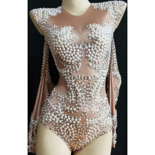 Sparkly Pearls Crystals Bodysuit Women One-piece Nude Outfits Celebrate Party Glisten Leotard Rhinestones Costumes Singer Wear