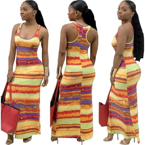 Adogirl Summer Striped Print Sleeveless Long Dress Women Tank Maxi Dress 2020 Casual Plus Size Spaghetti Strap Dress Vestido