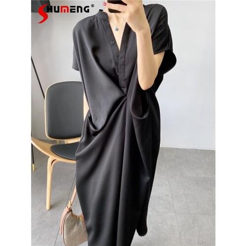 2021 Summer Women Loose Slimming Retro French Overknee Dress Ladies Fashion Elegant Solid V-neck Office Lady Mid-calf Dress