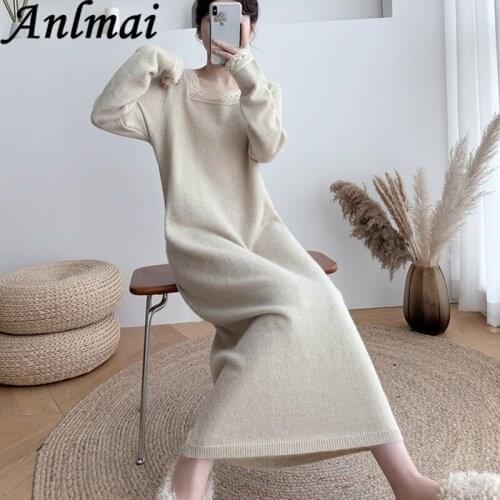 Sweater Dress Women Knitted Square Collar Lace Patchwork Dress Autumn Winter Warm Knit Female Dress Loose Midi Vestidos