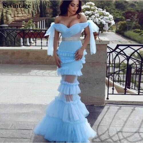 Sevintage Sexy Mermaid Tiered Tulle Evening Dresses Off Shoulder Sleeveless Long Prom Gowns Sequin Transparent Abendkleider 2021