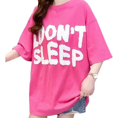 ZuoLunOuBa Summer Mid-Length O-Neck Short Sleeve Women T Shirt Korean Letter Print Tees Loose Rose Red New Casual Tops Female