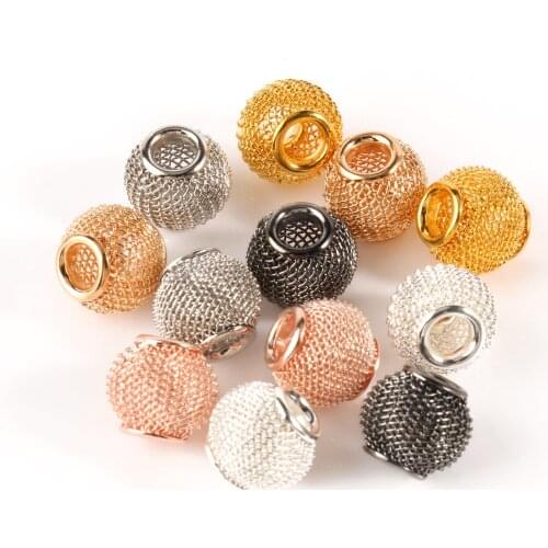 10pcs Mesh Net Spacer Metal Beads Rose Gold Black Big Hole Round Ball for DIY European charm Bracelet Jewelry findings Wholesale
