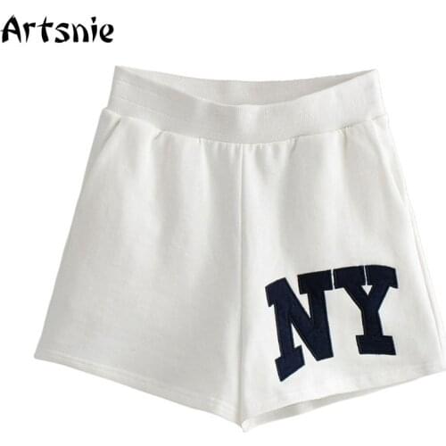 Artsnie Streetwear Letter Print Shorts Women Summer 2021 High Waist Pocket Shorts Femme White Casual Ladies Cycling Biker Shorts