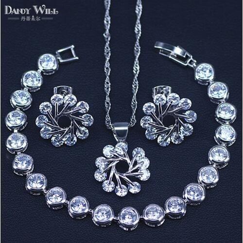 Big Discount Top Quality Silver Color Shining CZ Fashionable Necklace Earrings Bracelets Costume Jewelry Sets For Women