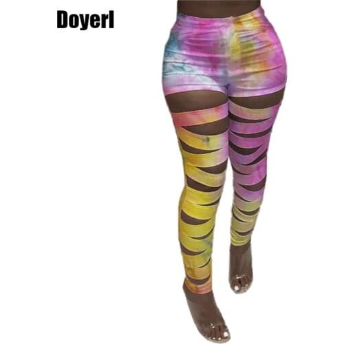 Tie Dye High Waist Skinny Pencil Pants Women Trousers Summer Stretch Slim Hollow Out Bandage Pants Leggings Club Sexy Pants 2021