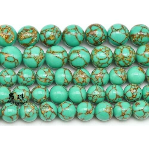 Angqi 4 6 8 10 12MM Green Howlite Spun Gold Loose Stone Beads Round for Jewellery Making DIY Bracelet 15'' strand diy bracelets