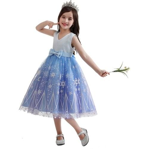 Summer Girls Net Yarn Sleeveless Dresses 2-10 Years Princess Cartoon Print Bow Party Gown Boutique Kids Costumes for Performance