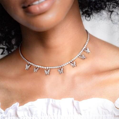 Fashion Butterfly Necklace Jewelry Choker Gold Silver Plated CZ Iced Out Chain Charms WomenTennis Butterfly Necklace for Women