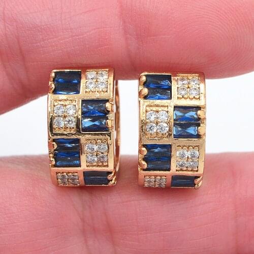 Gold Color Fashion Luxury Blue Cubic Zirconia CZ Huggie Hoop Earrings for Women