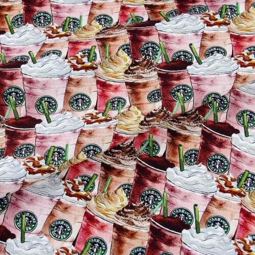 Cartoon Iced Coffee Design Cotton Fabric for Kids Clothes Backpacks Slipcover Cushion Cover DIY Sewing Material