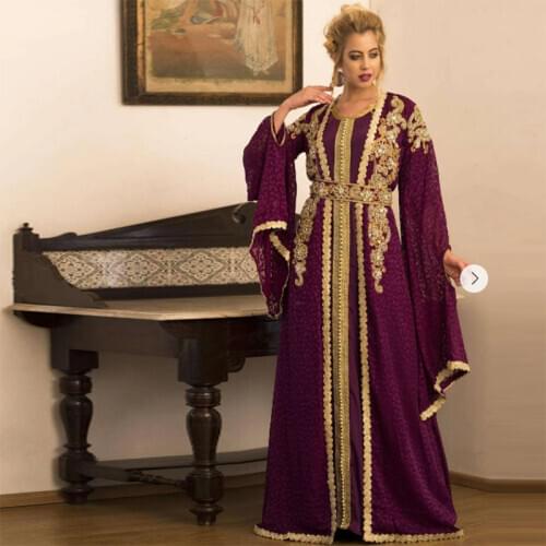 New Arrival Fuchsia Dubai Evening Dresses Long Sleeves V Neck Prom Dresses Embroidery Muslim Special Occasion Dress Custom Made