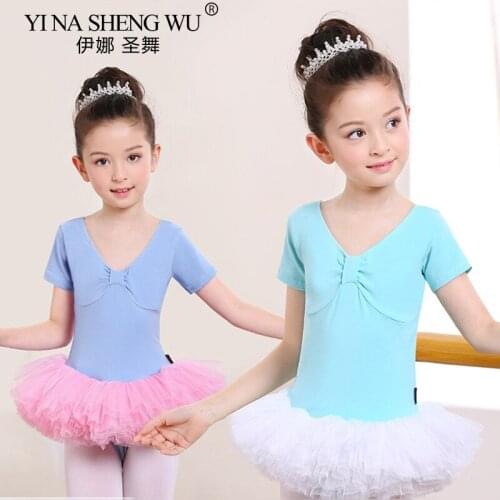 New Style Cotton Dress For Girls Ballerina Short Sleeve Tulle Skirt Ballet Dress Kids Bow Decro Tutu Princess Girls Dance Wear