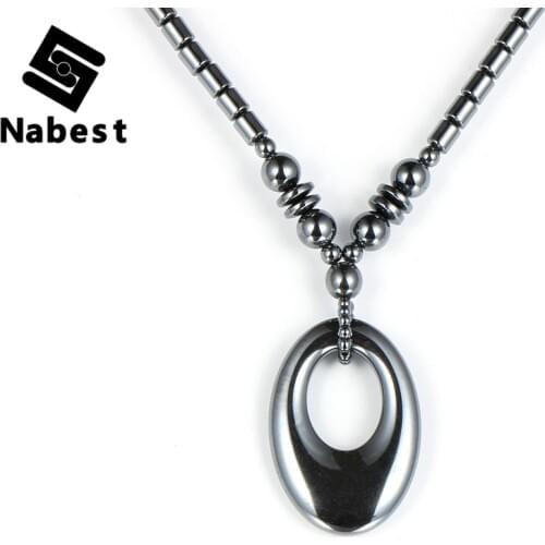 Men Women Natural Stone Hematite Hollow Oval Pendant Necklace Black Hematite Charm Choker Clavicle Chain Necklace Jewelry Gifts