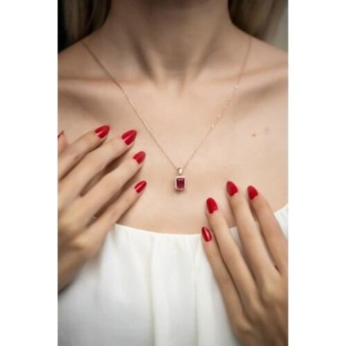 925 Sterling Silver Jewelry Necklace Square Model Ruby Stone Rose Plated For Women Accessory Anniversary Gift For Women 2021 New