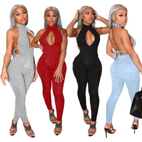 Sexy Lace Up Hollow Out 2 Piece Set Women Fashion Backless Bandage Irregular Crop Top + Pants Bodycon Club Two Piece Set Outfits